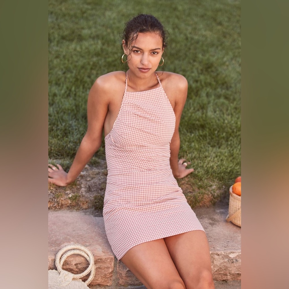 Summery Little Thibg Pink Gingham sleeveless Ruched Mini Dress